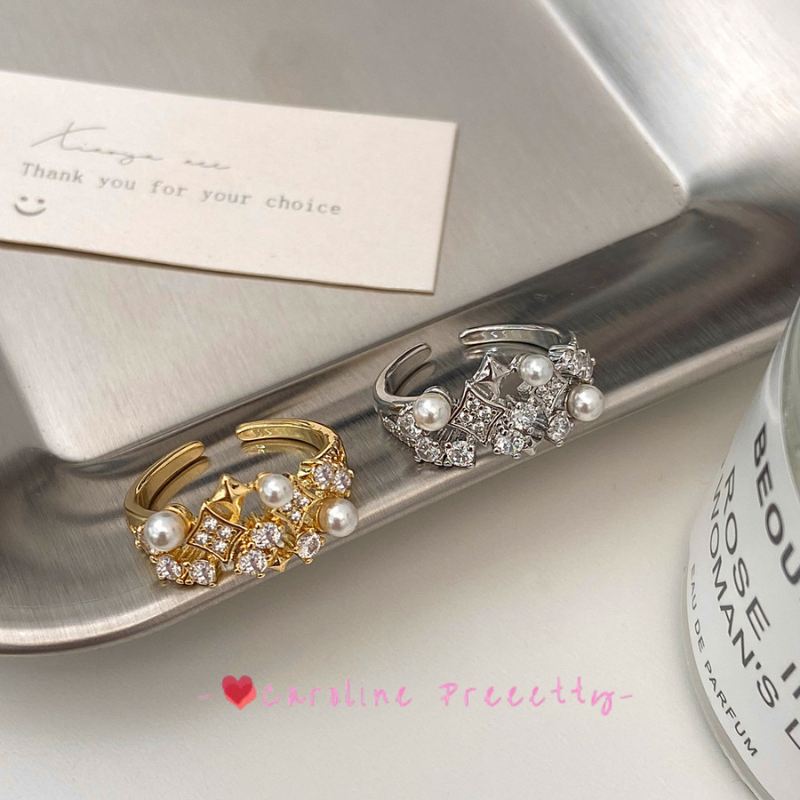 French retro pearl ring with a high-end feel, slightly set zircon, exquisite open index finger ring, niche design, simple jewelry