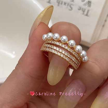 Simple pearl zircon open ring, light luxury and niche design, versatile new index finger ring, cold style ins ring