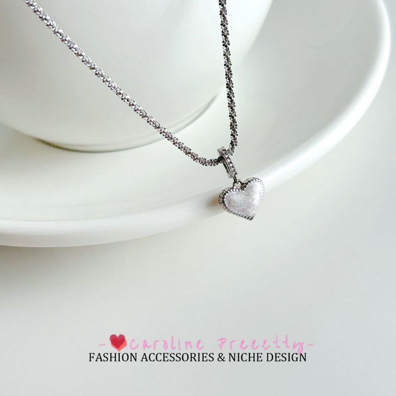 French light blue natural shell drip glaze flowing sand double-sided heart pendant necklace, high-end, exquisite and gentle necklace