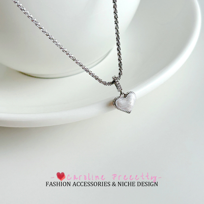 French light blue natural shell drip glaze flowing sand double-sided heart pendant necklace, high-end, exquisite and gentle necklace