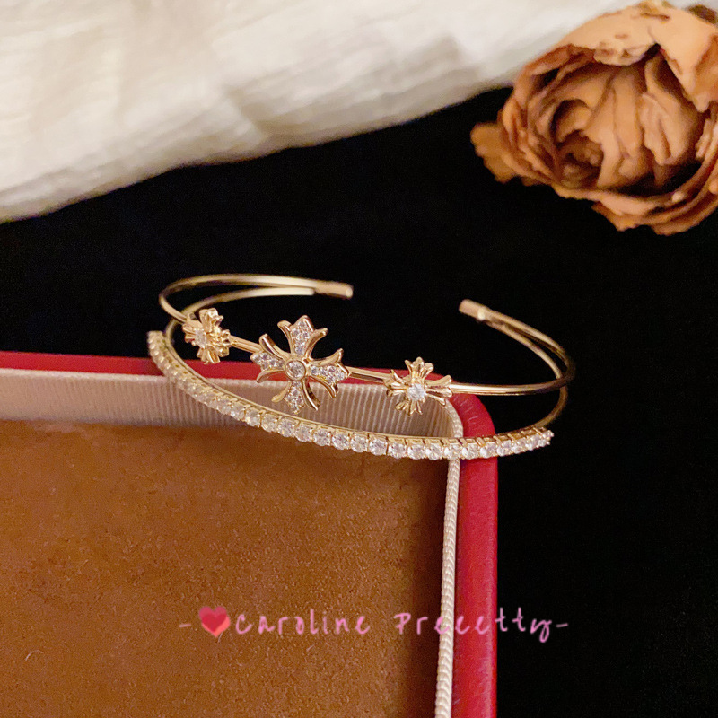 Full diamond cross double-layer open bracelet