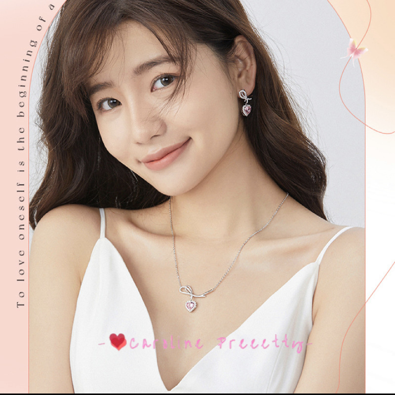New bow silver heart-shaped pendant earrings & necklace set