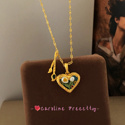 Oil painting style heart-shaped stud necklace set