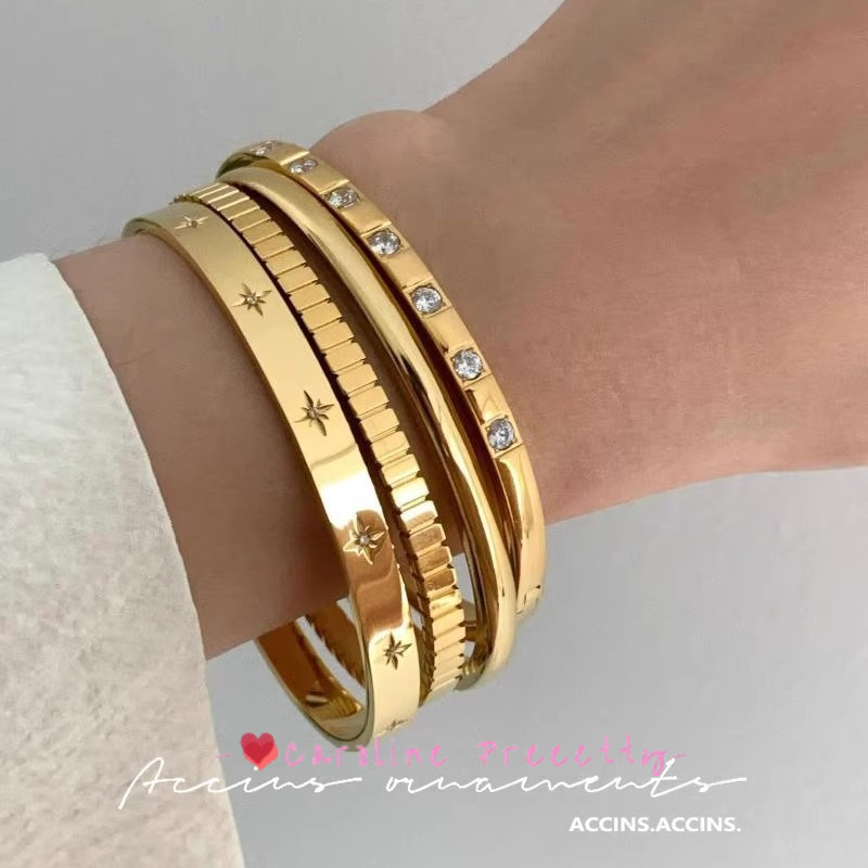 French style zircon shiny open geometric fashionable layered smooth plate unisex couple bracelet