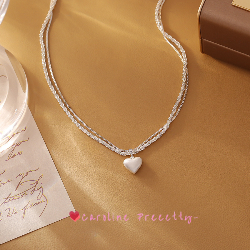 Silver brushed heart double-layer necklace