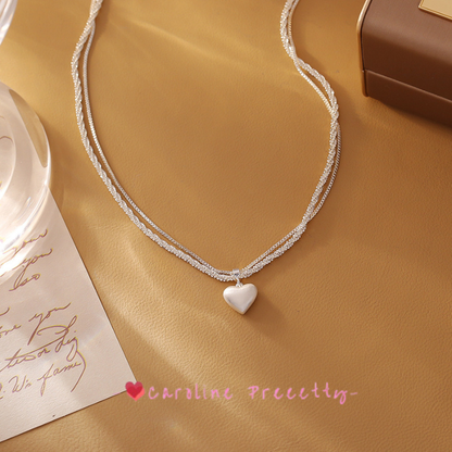 Silver brushed heart double-layer necklace
