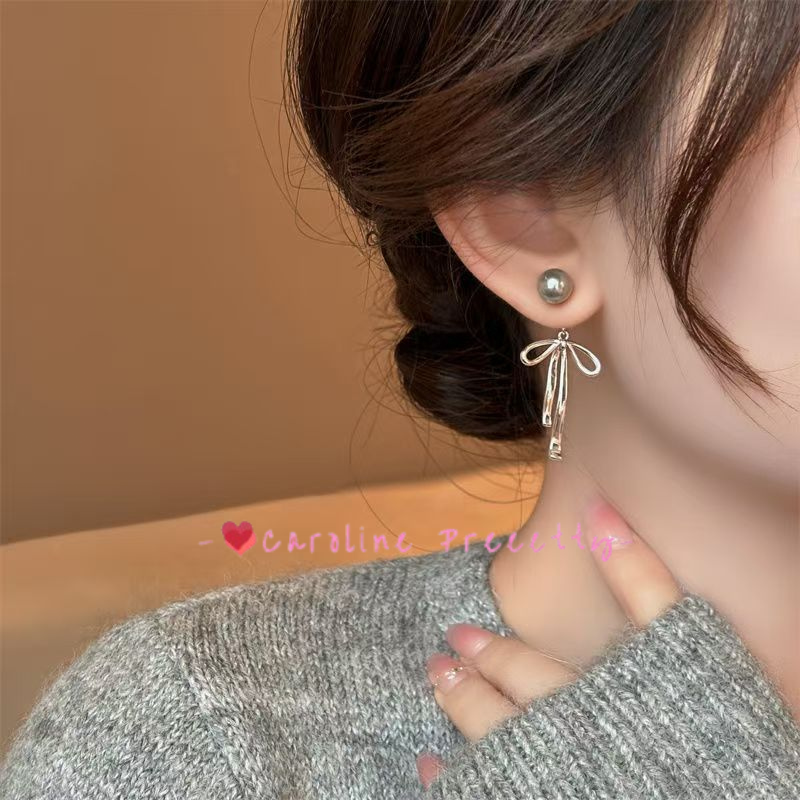 Pearl bow stud earrings, long double-pair tassel design earrings,
