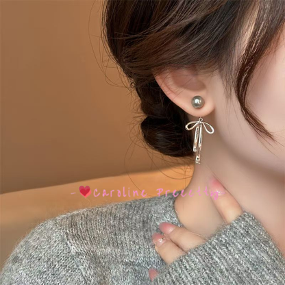 Pearl bow stud earrings, long double-pair tassel design earrings,