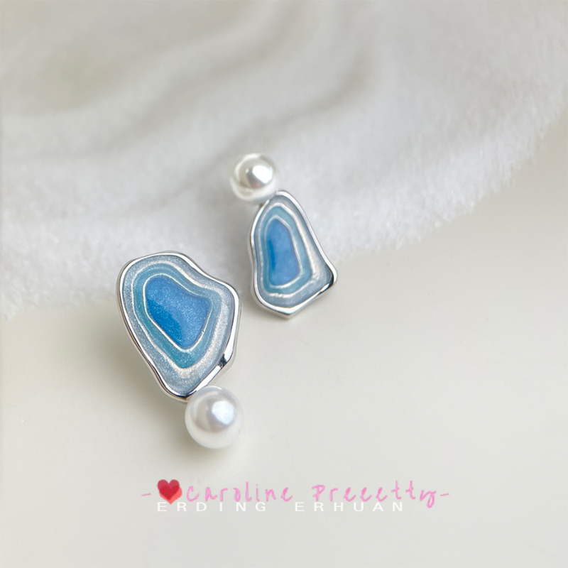 925 Silver Needle Enamel Drop Glaze Asymmetrical Original Earrings