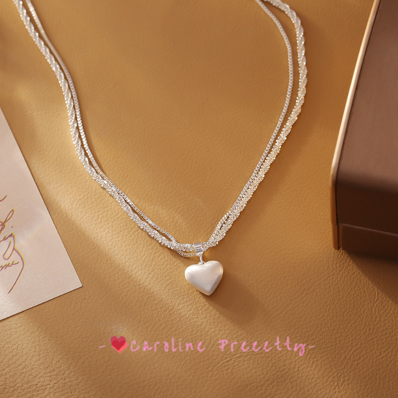 Silver brushed heart double-layer necklace