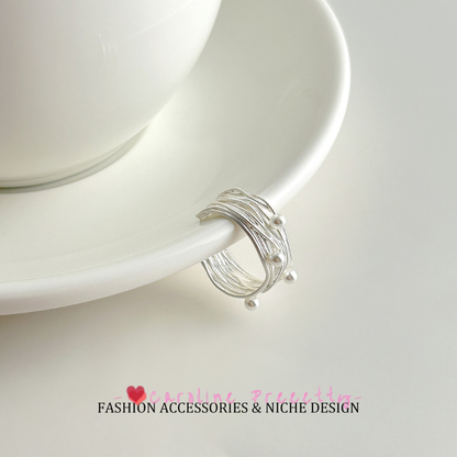 Sweet style irregular multi-layer line wrapped pearl open ring, high-end, elegant, fashionable and versatile ring