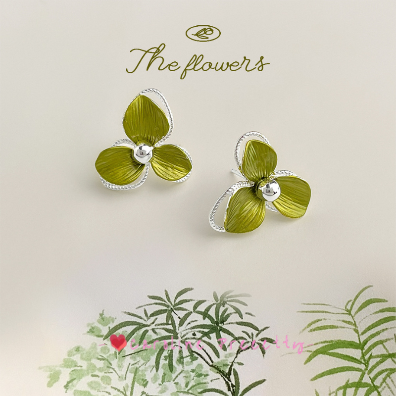 925 silver needle clover green, fresh and sweet, natural flower stud earrings