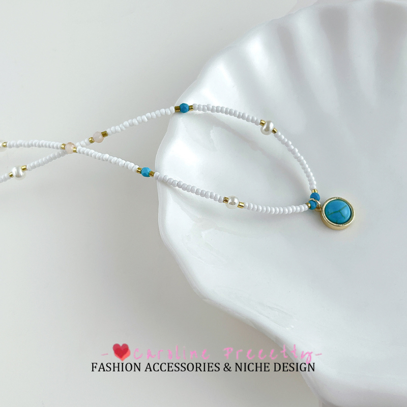 New Chinese-style fresh white rice bead natural turquoise necklace, light luxury retro ethnic style, niche design sense collarbone chain