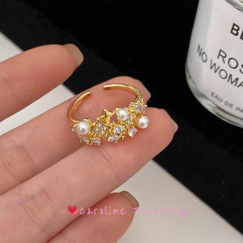 French retro pearl ring with a high-end feel, slightly set zircon, exquisite open index finger ring, niche design, simple jewelry