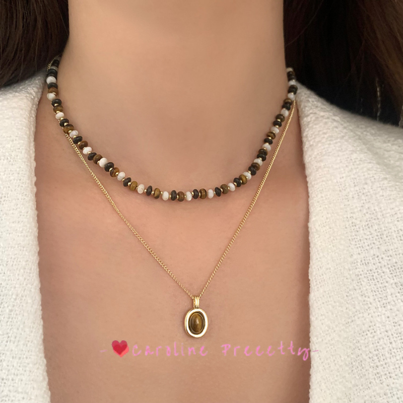 Retro tiger's eye abacus bead pendant necklace, light luxury and niche layered neckchain, simple and versatile sweater chain, collarbone chain