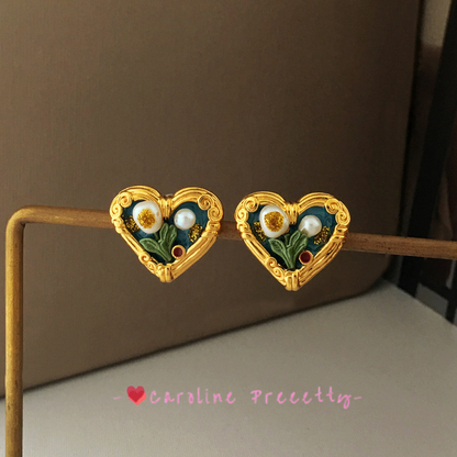 Oil painting style heart-shaped stud necklace set
