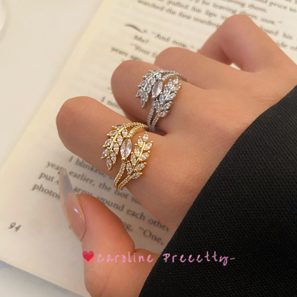A fashionable and versatile, light luxury, shining zircon leaf adjustable ring, a niche, simple and high-end jewelry for women