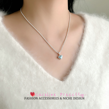 French light blue natural shell drip glaze flowing sand double-sided heart pendant necklace, high-end, exquisite and gentle necklace