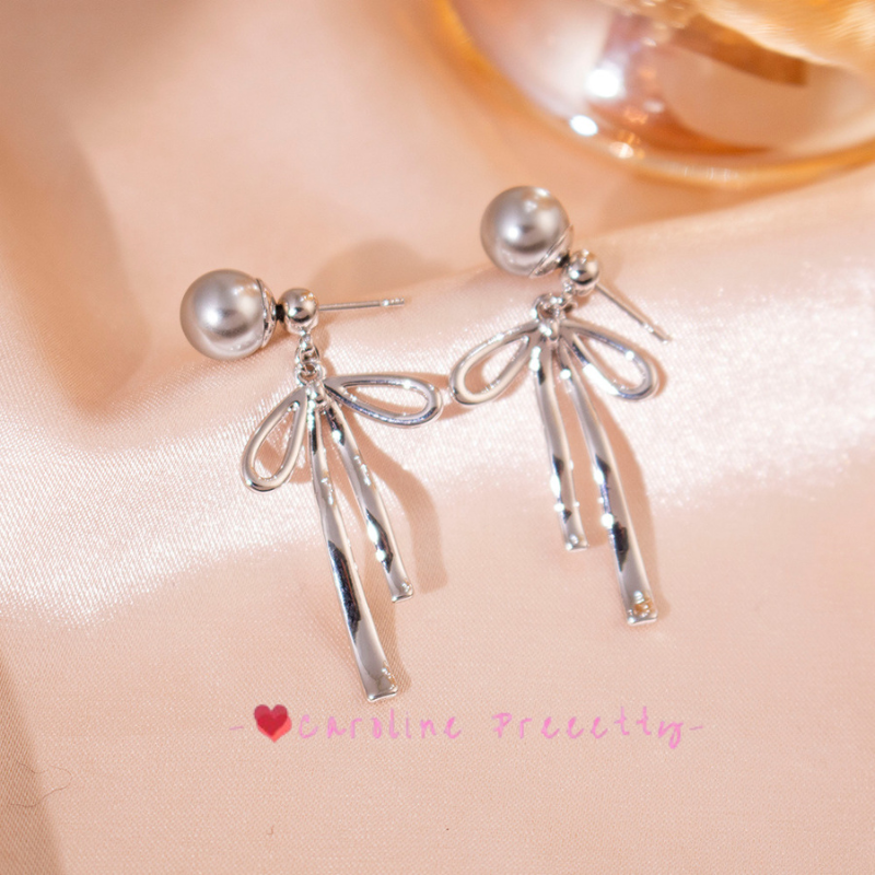 Pearl bow stud earrings, long double-pair tassel design earrings,