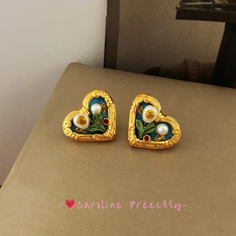 Oil painting style heart-shaped stud necklace set