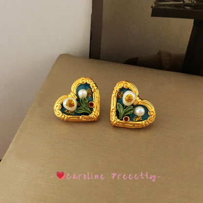 Oil painting style heart-shaped stud necklace set