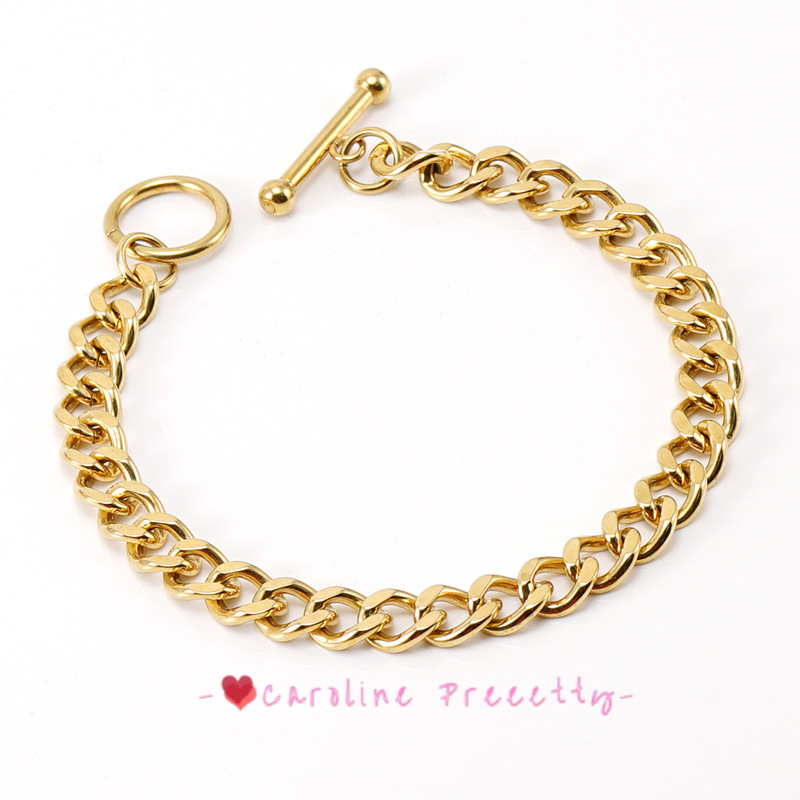 Stainless steel OT buckle Cuban chain bracelet, men's European and American 18K gold titanium steel necklace,