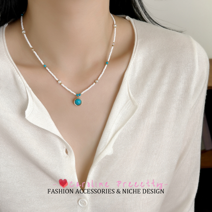 New Chinese-style fresh white rice bead natural turquoise necklace, light luxury retro ethnic style, niche design sense collarbone chain