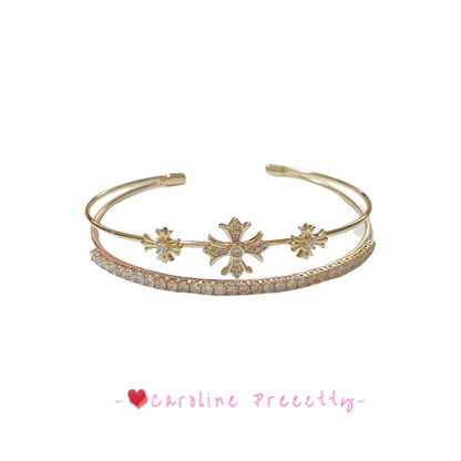 Full diamond cross double-layer open bracelet