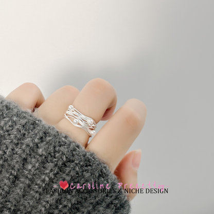 Sweet style irregular multi-layer line wrapped pearl open ring, high-end, elegant, fashionable and versatile ring