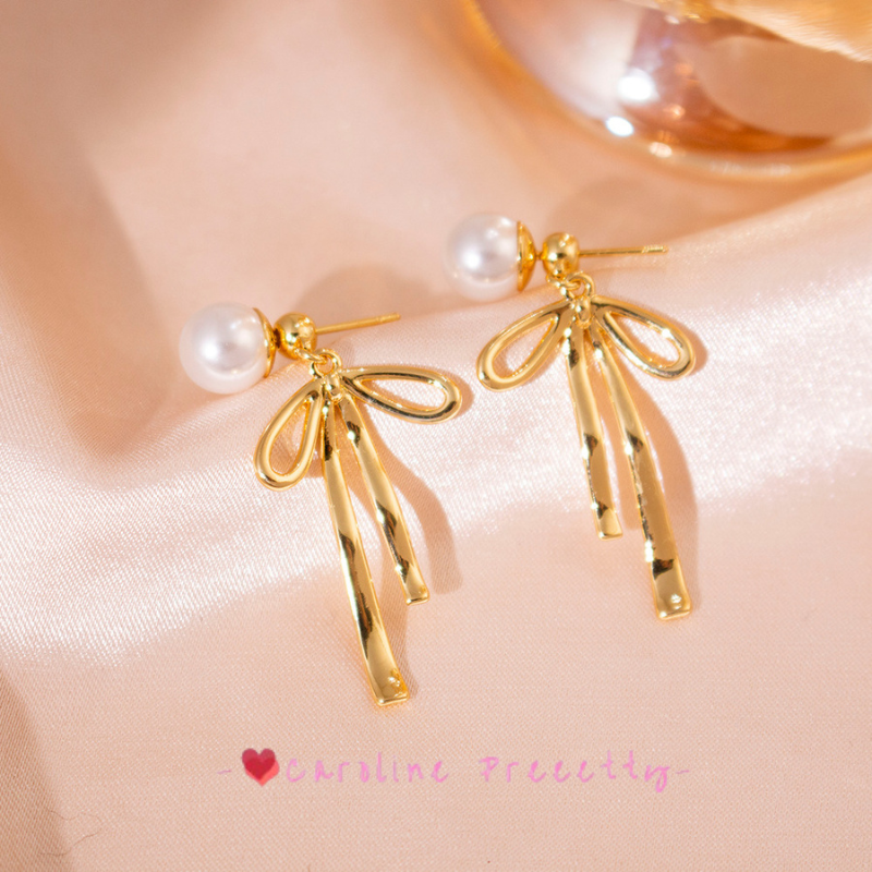 Pearl bow stud earrings, long double-pair tassel design earrings,