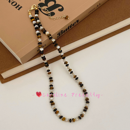 Retro tiger's eye abacus bead pendant necklace, light luxury and niche layered neckchain, simple and versatile sweater chain, collarbone chain