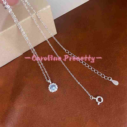 S925 Pure Silver Blue Zircon Flower Necklace  & Ring Set
