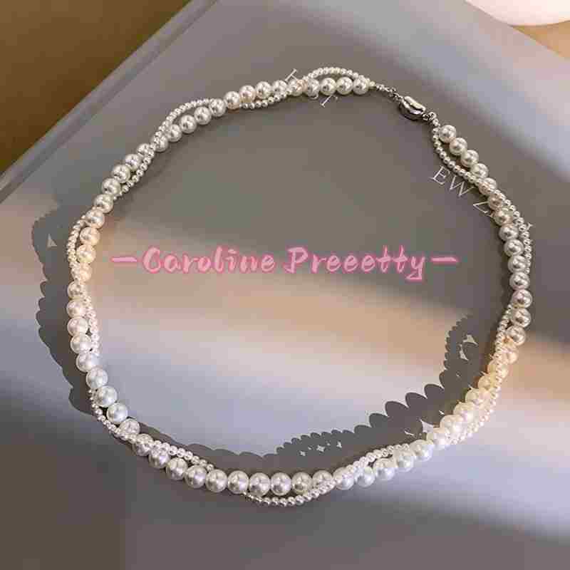 Double-layer stacked Shijia pearl rice bead necklace for women, 925 silver stud earrings, versatile and high-end beaded high-end collarbone chain